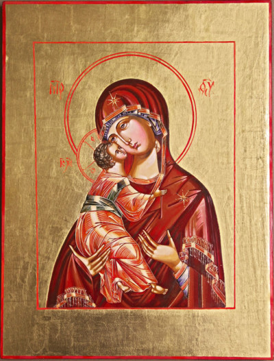 Gottesmutter von Wladimir, (Wladimirskaja) 42x32 cm, Eigelbtempera, Vergoldung, Holz - verkauft - Ikonenmalerein Olga Liashenko