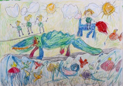 Krokodiljagd 70x100 cm, Tempera, Buntstifte, Papier - zu kaufen - Malerein Olga Liashenko